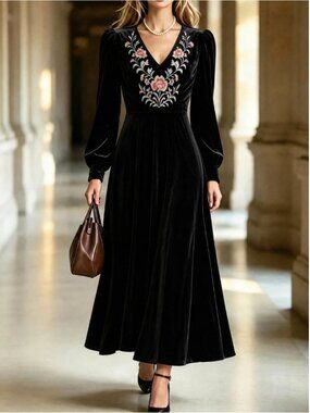 Black Velvet Long Sleeve Floral Embroidery Midi Maxi Cocktail Dress